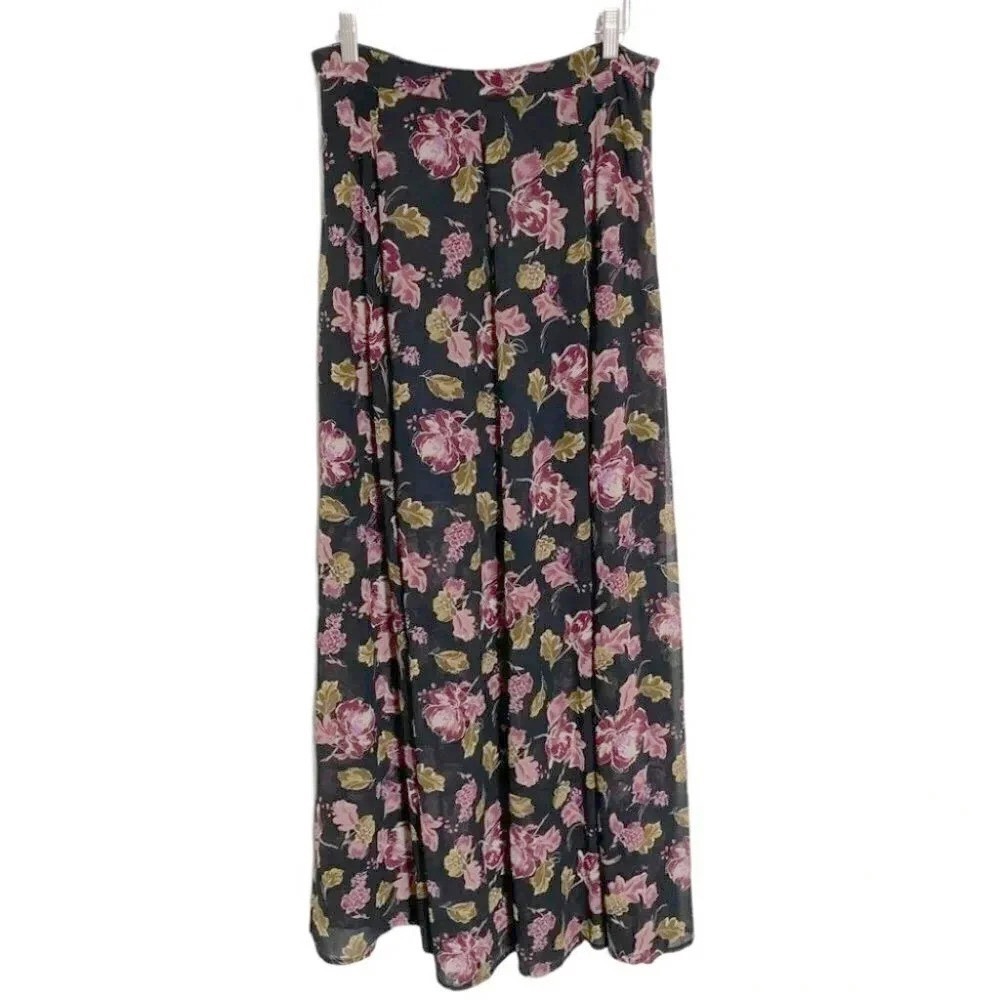 Forever 21 Contemporary Maxi Skirt‎ Medium Black Pink Floral Chiffon High Waist